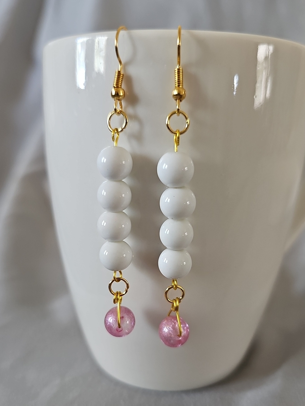 Handmade Glass Bead Drop Earrings with Pink Accent